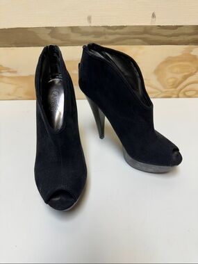 Carlos Santana Black Suede Peep-Toe Stiletto Booties